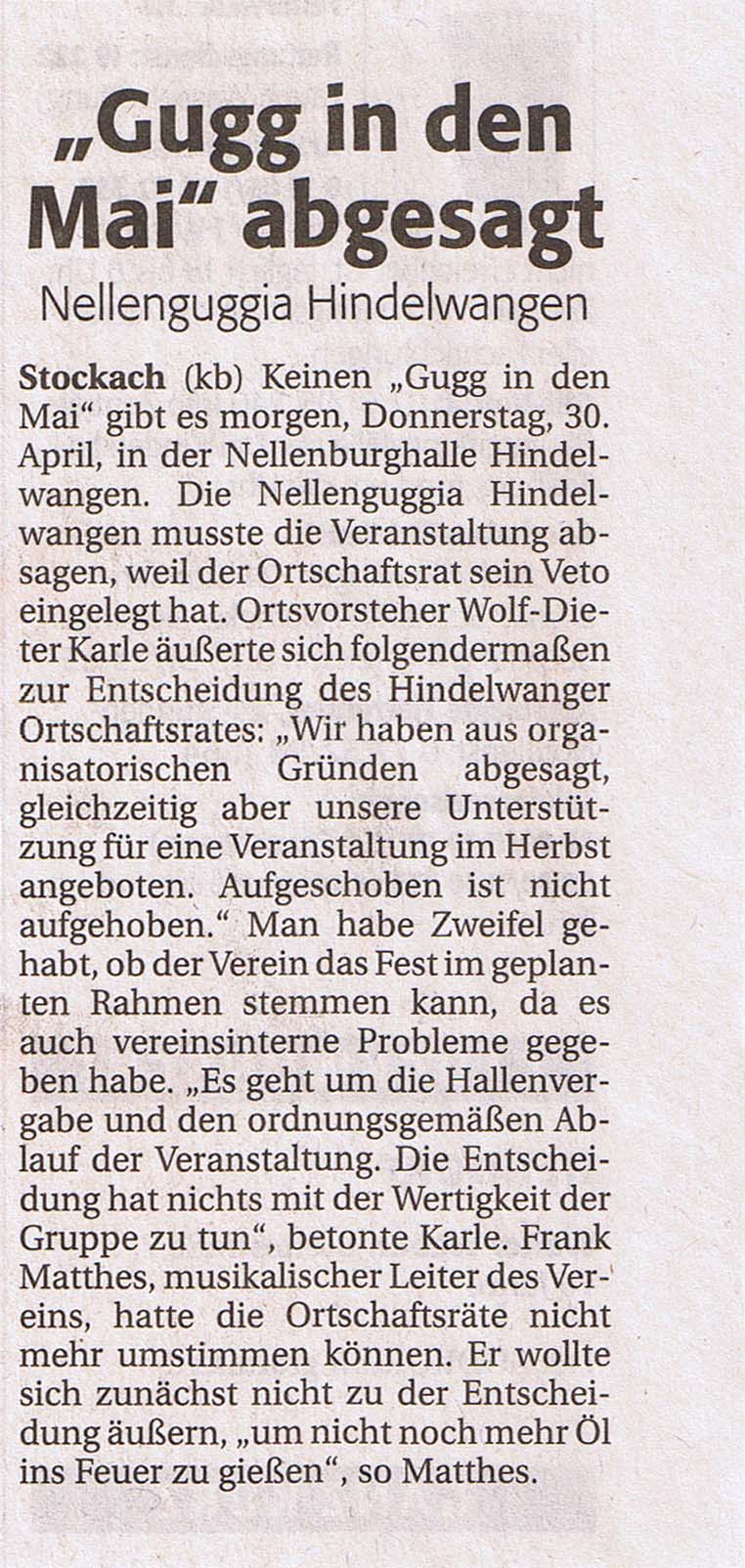 „Gugg in den Mai“ abgesagt (Südkurier vom 29. 04. 2009)
