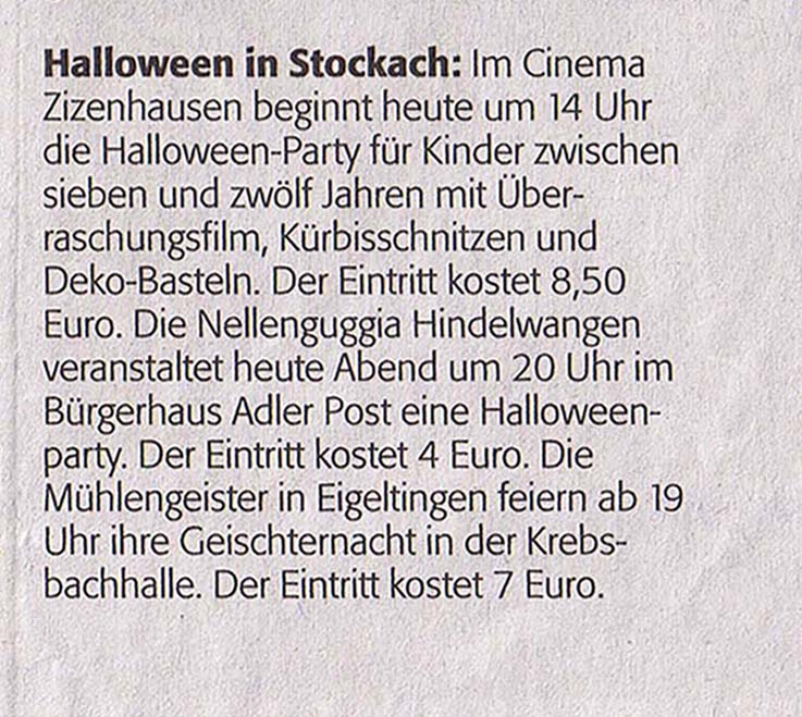 Halloween in Stockach
(Südkurier vom 31. 10. 2009)